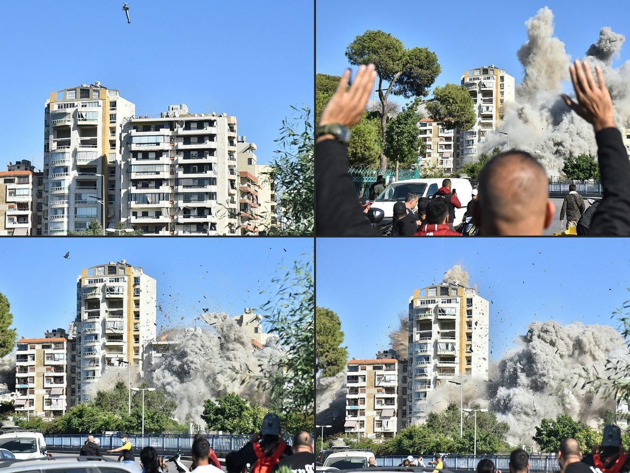 This combination of pictures shows a rocket fired by an Israeli war plane targeting a building in Beirut’s southern suburb of Shayah on Wednesday. (Fadel Itani/AFP via Getty Images)