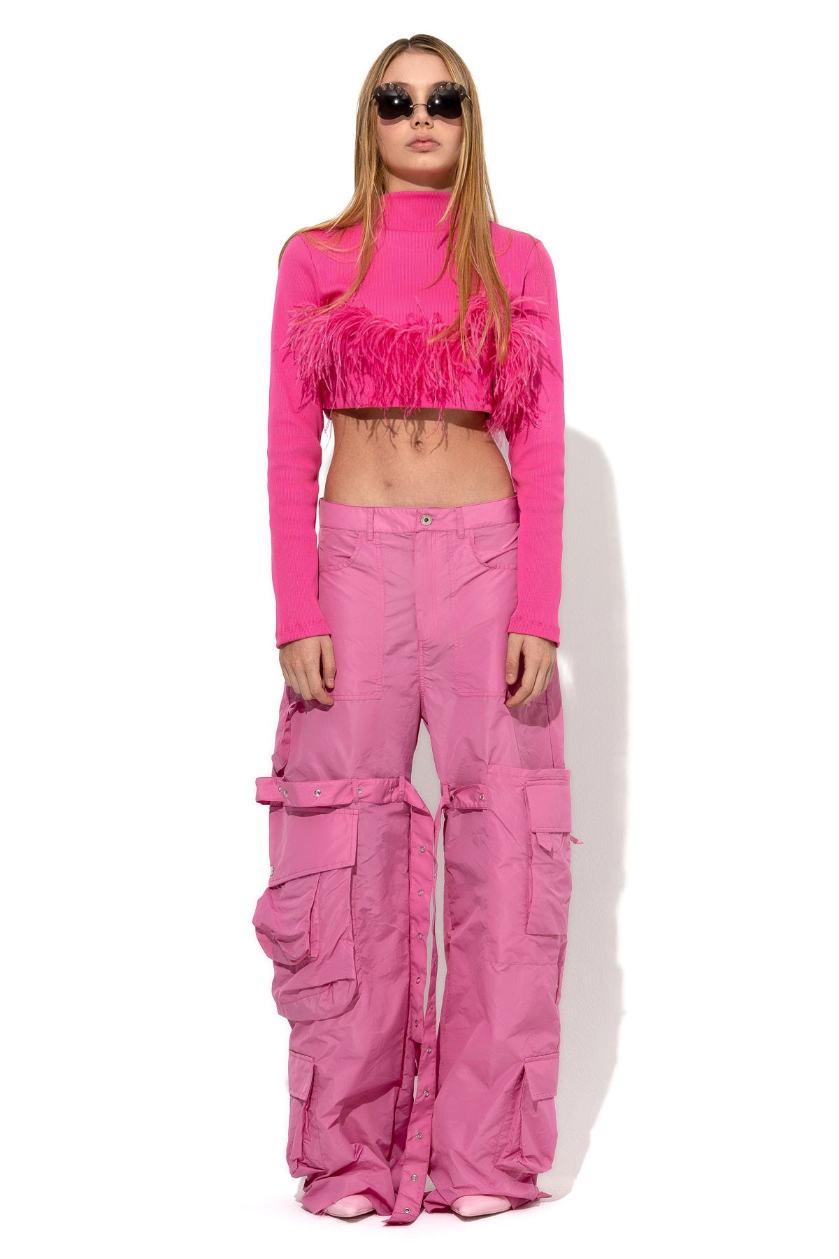 BRIGHT PINK CROPPED FEATHER TOP