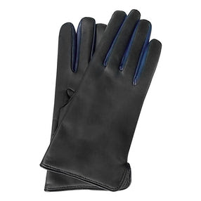 Black Leather Gloves w/Wool Lining & Blue Trim