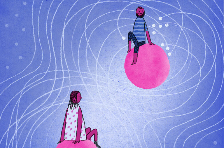 An illustration of a man and a woman sitting on floating orbs that are encircled by many lines. 