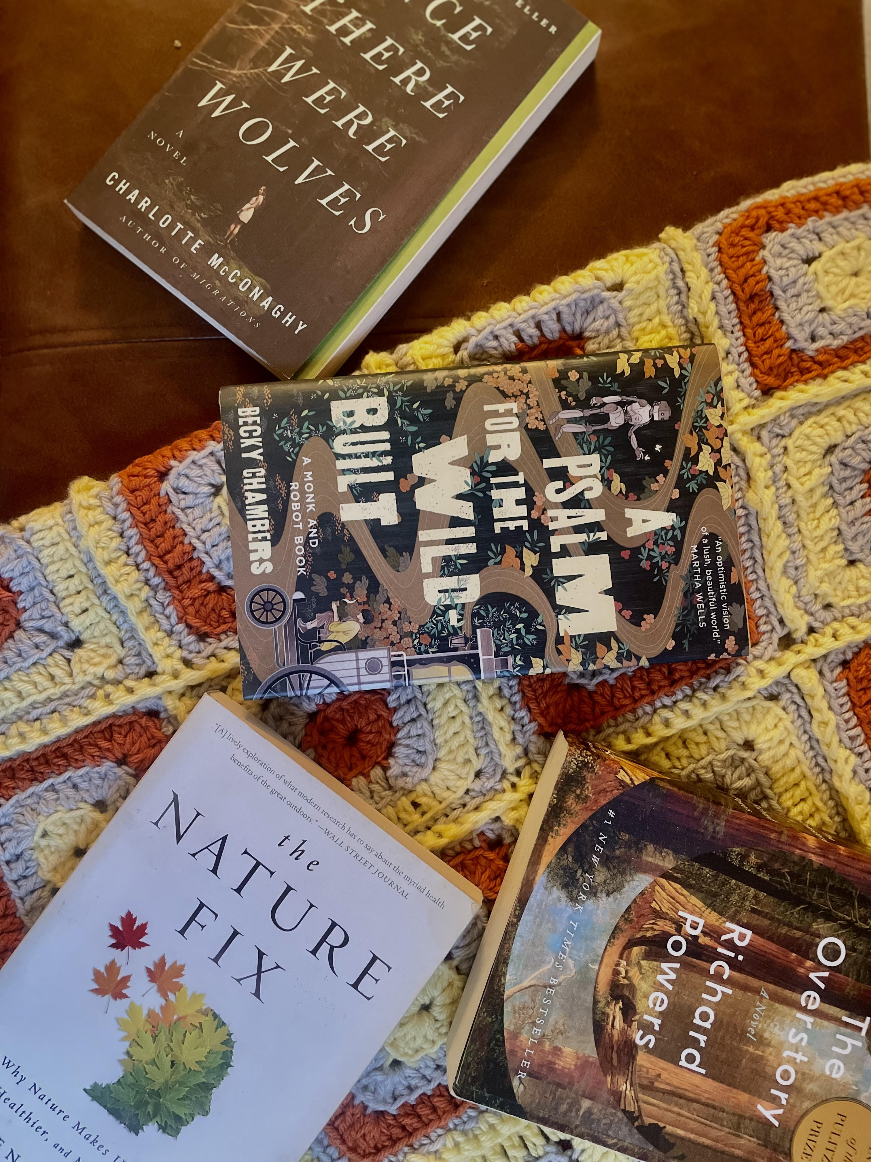 Pictured: A splay of all the books mentioned, laying on a colorful plush blanket