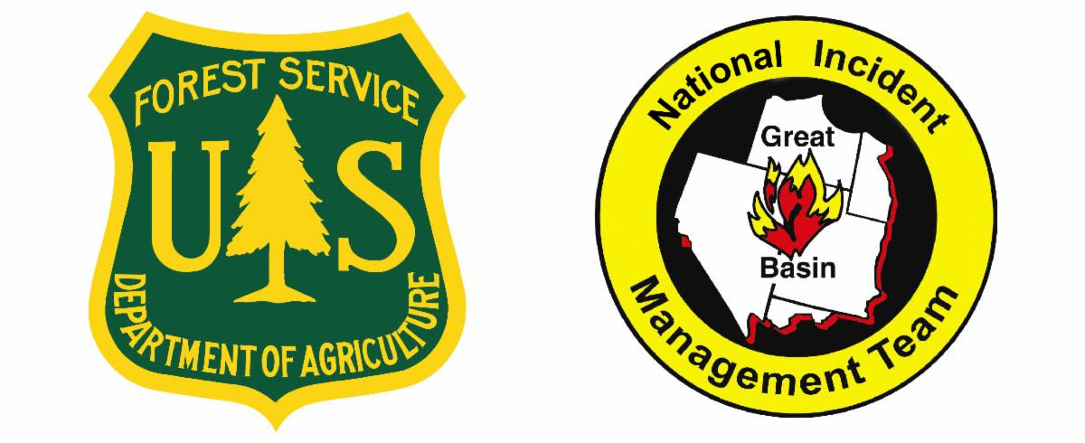 A pair of logos one for the Forest Service and the other for a National Incident Management Team that shows a map near Nevada and a flame.