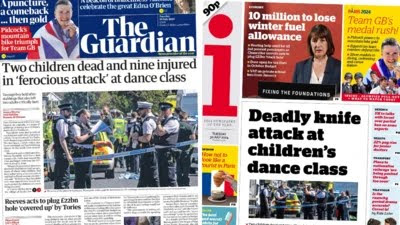 A composite image of the front pages of the Guardian and the i from Tuesday 30 July 2024. 