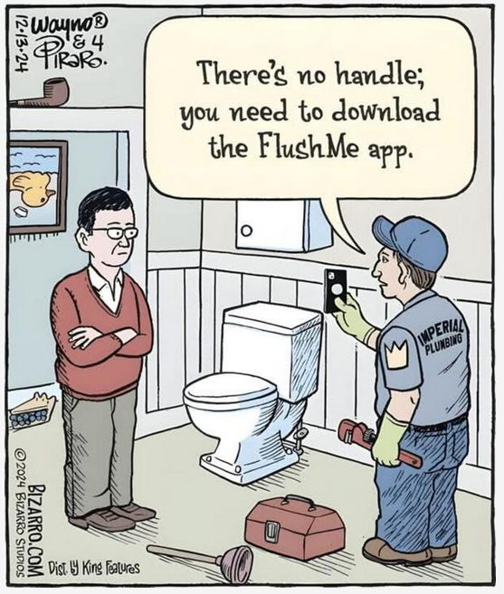 Cartoon extolling an app to flushtoilet.