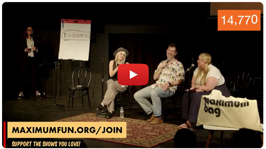 A screenshot from the live show featuring Brea Grant, Ben Harrison, Drea Clark, and Mallory O'Meara