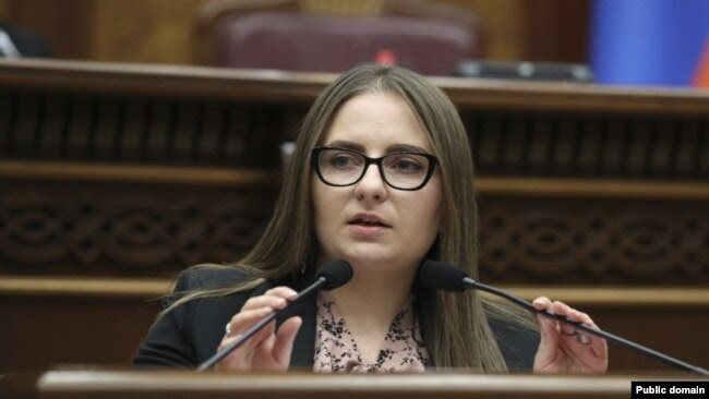 Armenia - Opposition deputy Kristine Vardanian addresses the Armenian parliament.