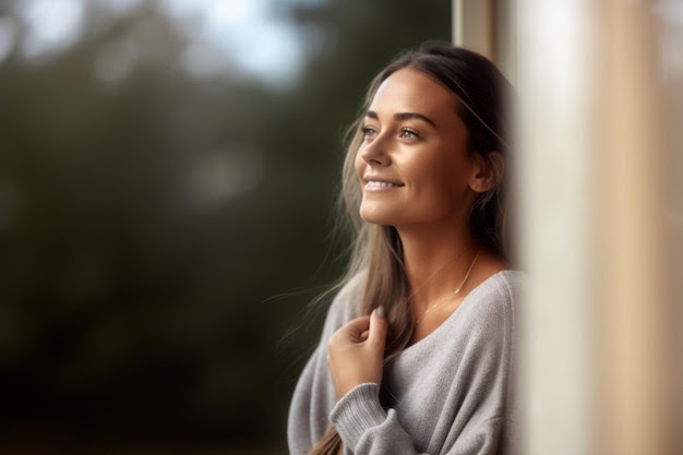 smiling woman looking away