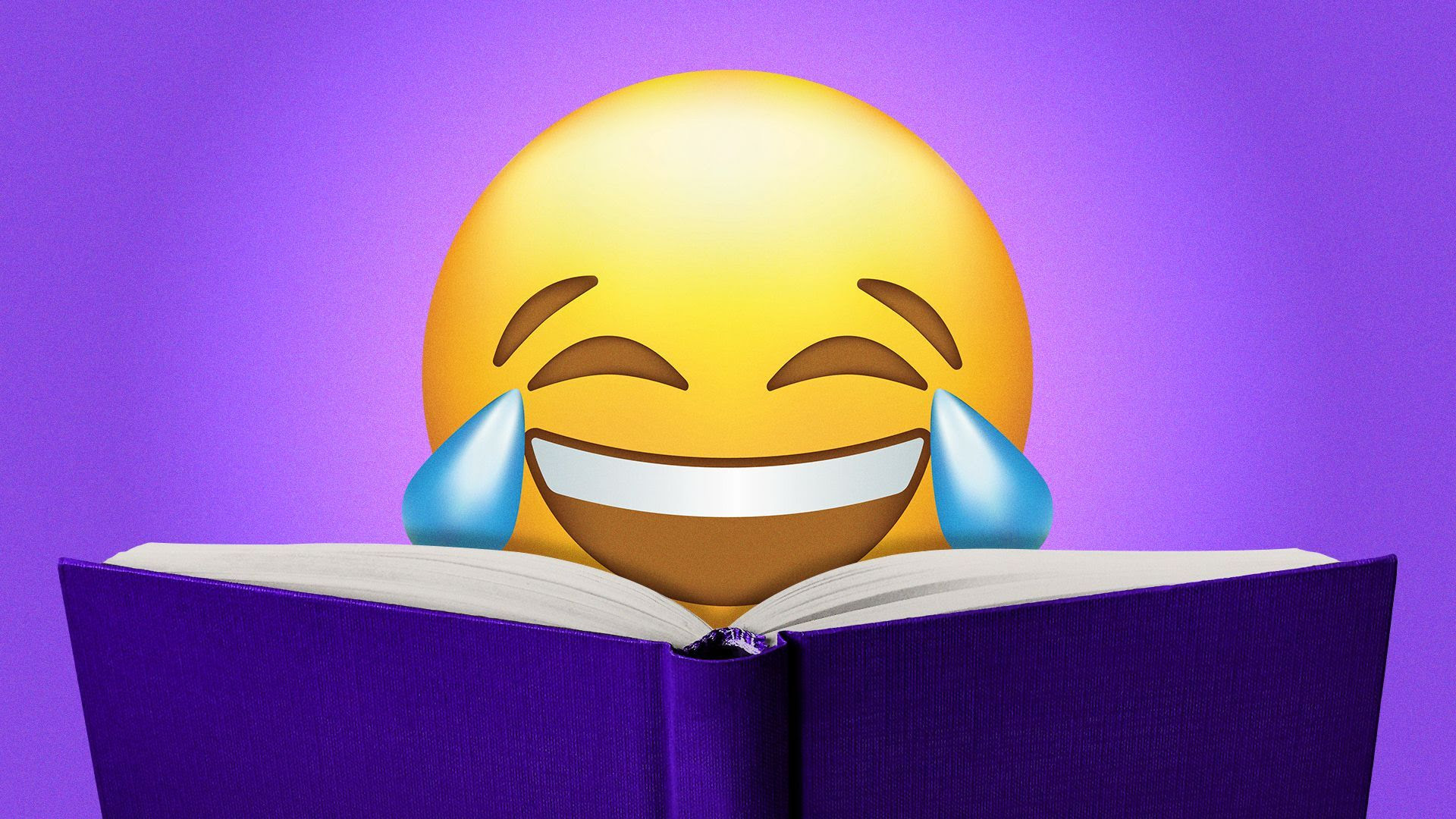 Illustration of the crying laughing emoji reading a book.