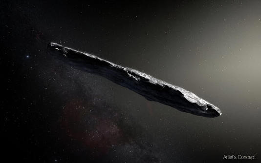 Artist's impression of the ISO 1I/2017 U1 'Oumuamua, detected on October 19th, 2017, by the Pan-STARRS survey. Credit: ESO/M. Kornmesser