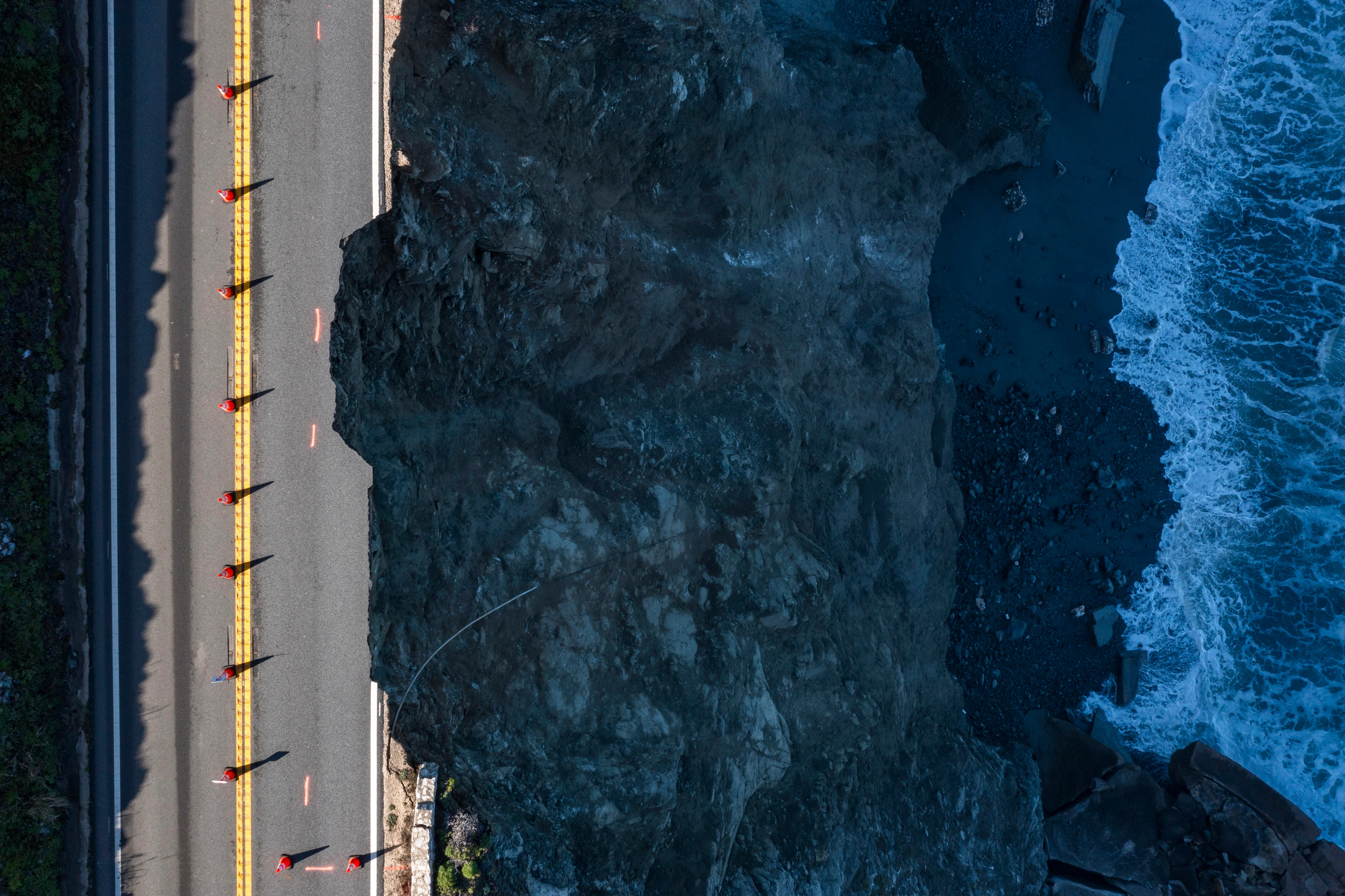 A break in the southbound lane of Highway 1 at Rocky Creek Bridge in Big Sur, Calif.