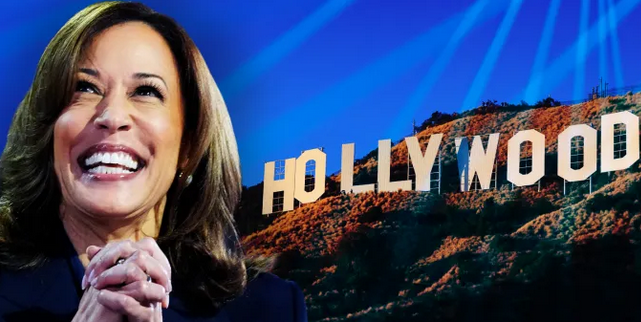 Kamala Harris in front of Hollywood sign.