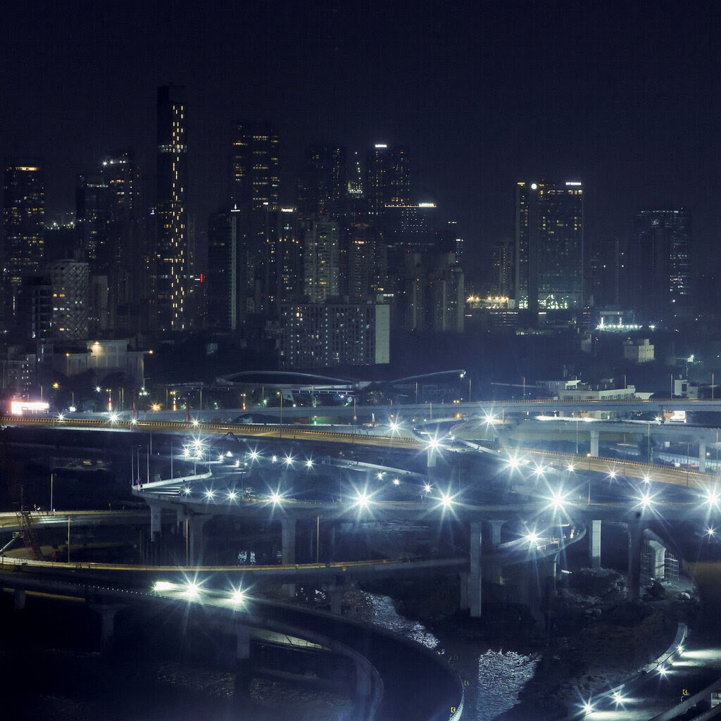 A night cityscape of Mumbai.
