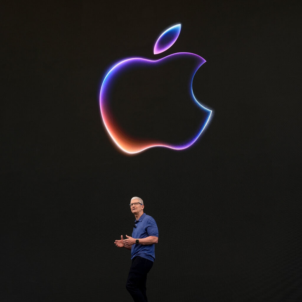 Tim Cook, the chief executive of Apple, speaking against a black background with the Apple logo. 