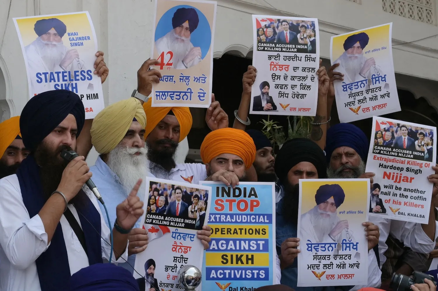 Pro-Khalistan activists stage a demonstration demanding justice for Sikh separatist Hardeep Singh Nijjar at the Golden Temple in Amritsar, India, on Sept. 29, 2023.