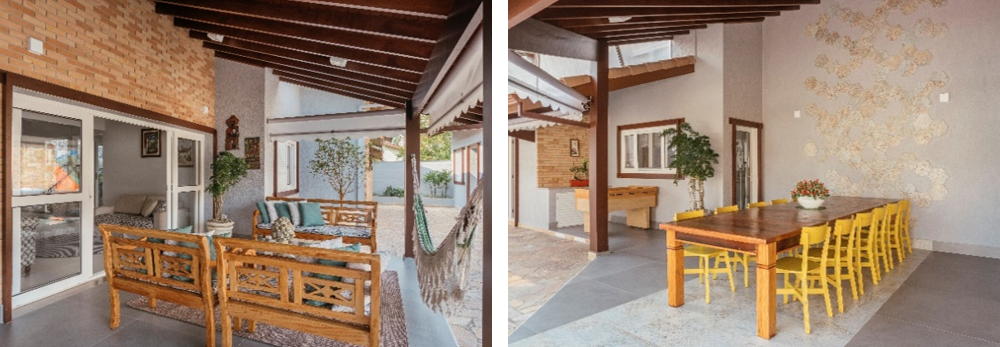 Casa de praia: o charme da madeira está presente em móveis, como bancos e mesas desta varanda | Projeto do PB Arquitetura | Foto: Henrique Ribeiro
