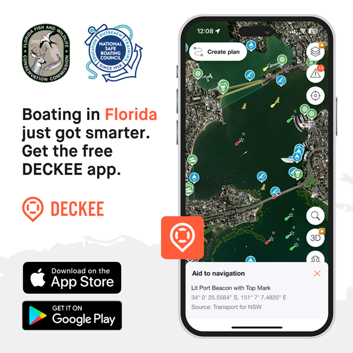 FWC, Safe Boating, App store, Google, DECKEE logos, screenshot of app, 