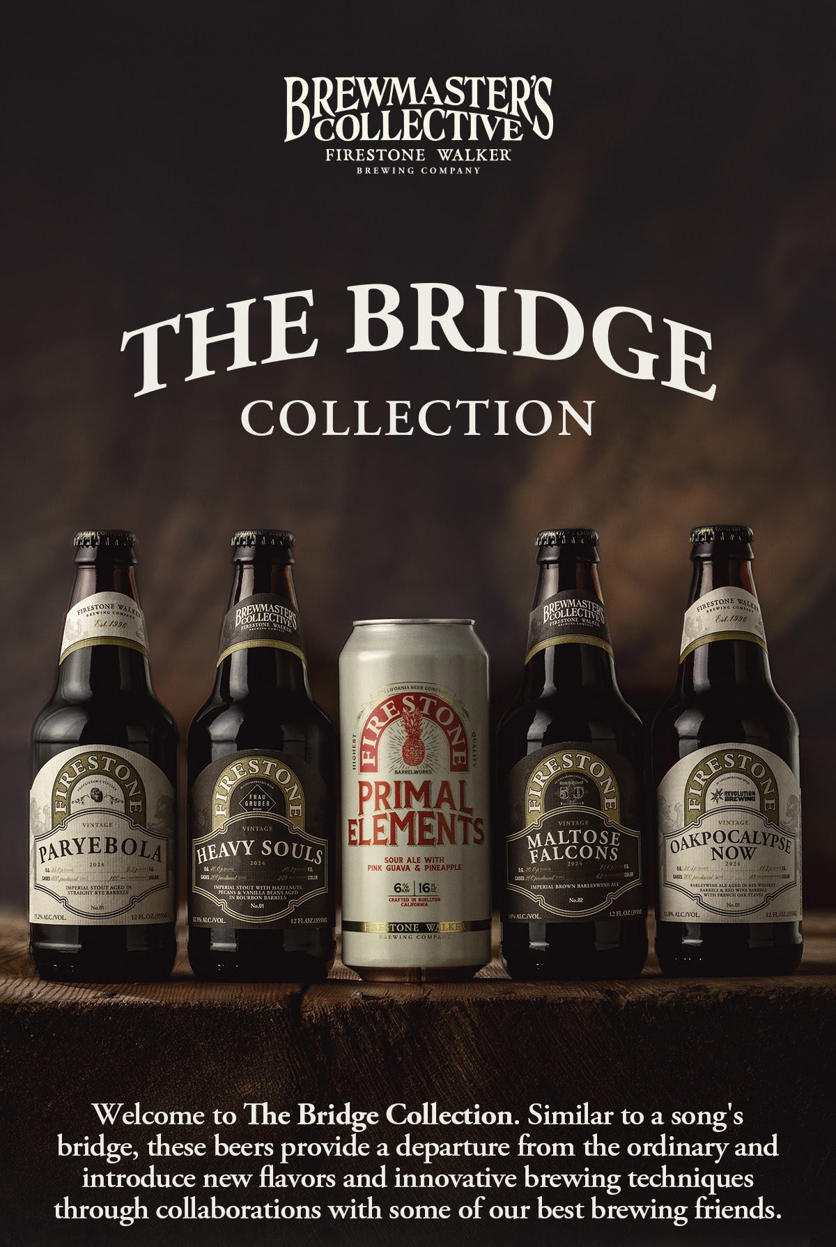 This image features Firestone Walker Brewing Company's Brewmaster's Collective "The Bridge Collection." The collection includes a variety of beers with distinct names: Paryebola, Heavy Souls, Primal Elements, Maltose Falcons, and Oakpocalypse Now. The description at the bottom explains that, much like a bridge in a song, these beers offer a departure from the ordinary by introducing new flavors and innovative brewing techniques through collaborations with skilled brewing partners