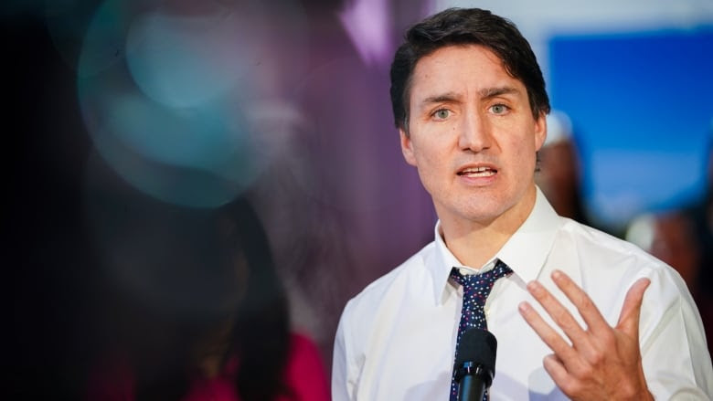 Wearing a shirt and tie with no jacket, Prime Minister Justin Trudeau looks into the camera while holding his hand up.