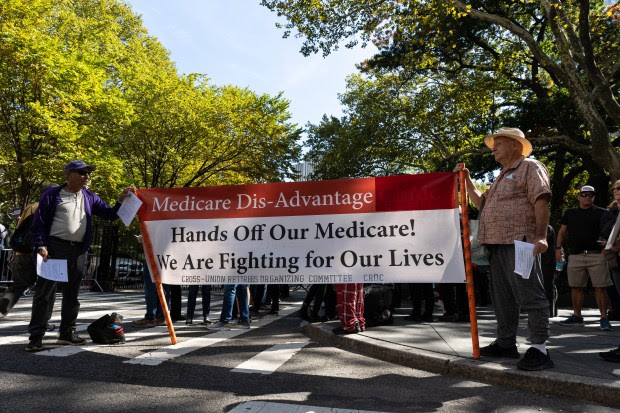 Retirees protesting the Medicare Advantage situation relating to the 12-126 law outside of City Hall, Manhattan, New York, Wednesday, October 12, 2022. (Shawn Inglima for New York Daily News)