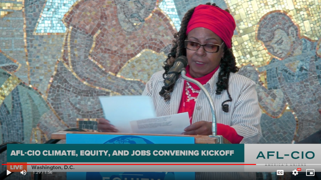 A still of a YouTube video of a worker speaking at the AFL-CIO Climate, Equity and Jobs Convening Kickoff