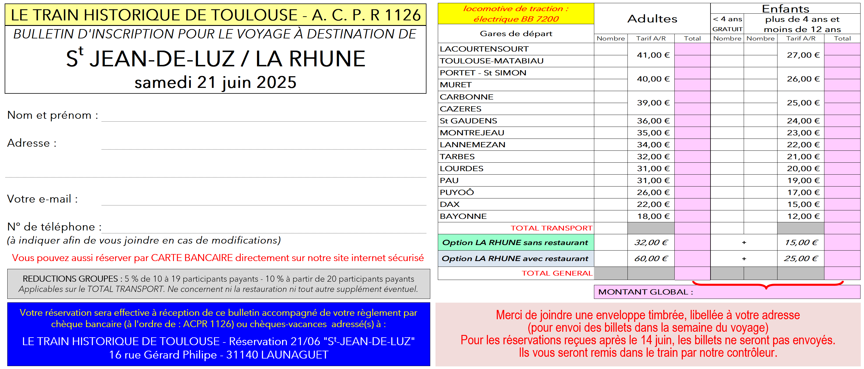 Bulletin d'inscription St-JEAN-DE-LUZ / LA RHUNE 21/06/2025