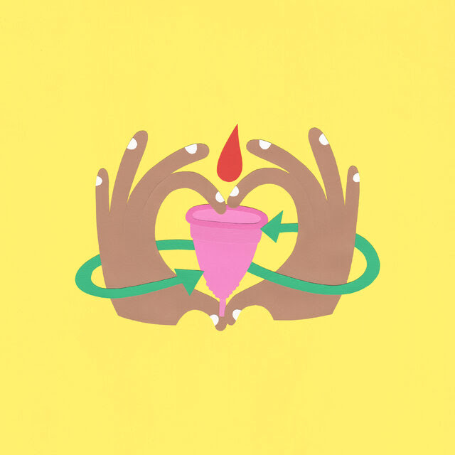 A stylized illustration of two hands holding a tapered, pink cup. A red drop is falling into the cup. A green band with arrows at each end encircles both hands. 