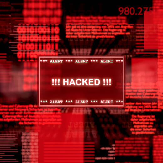 Hacked Hacked, system alert, warning sign on screen. System message, cyber crime, hacking, threat, network security, computer virus. cybersecurity11s07_system_hacked