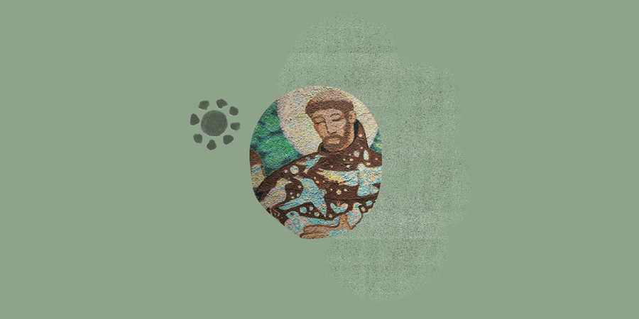 An illustration of St. Francis on a green background