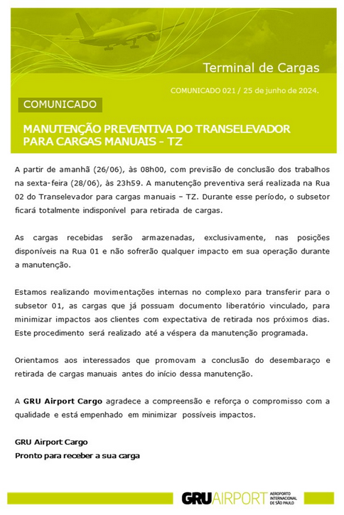 COMUNICADO MANUTENÇÃO DO TRANSELEVADOR