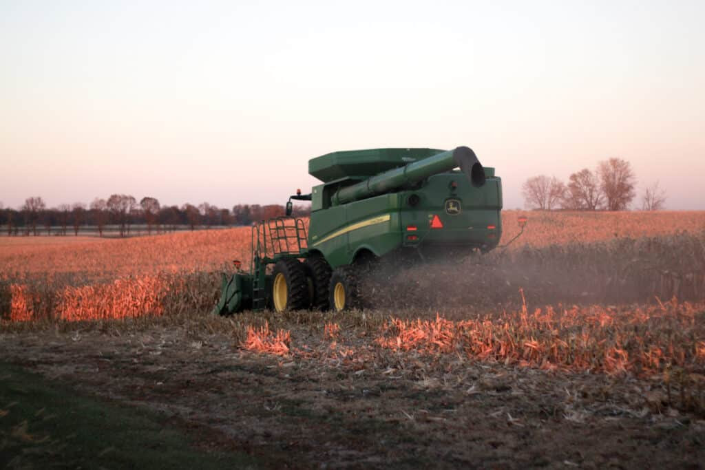 Golden hour image of a combine harvesting corn in the fall