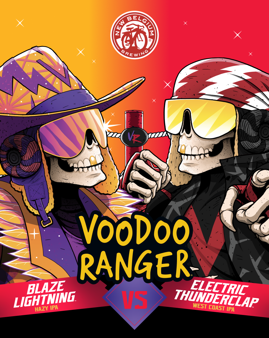 A vibrant promotional poster for New Belgium Brewing’s Voodoo Ranger series featuring a showdown between two characters: Blaze Lightning (Hazy IPA) and Electric Thunderclap (West Coast IPA). Both are skeletons dressed in colorful, exaggerated winter sports gear, complete with large goggles and bold helmets. Blaze Lightning wears a purple and orange outfit with lightning bolt patterns, while Electric Thunderclap is clad in black and red with a zigzag design. The characters face off in a boxing ring with a 'VS' logo in the center. The New Belgium Brewing logo appears at the top.