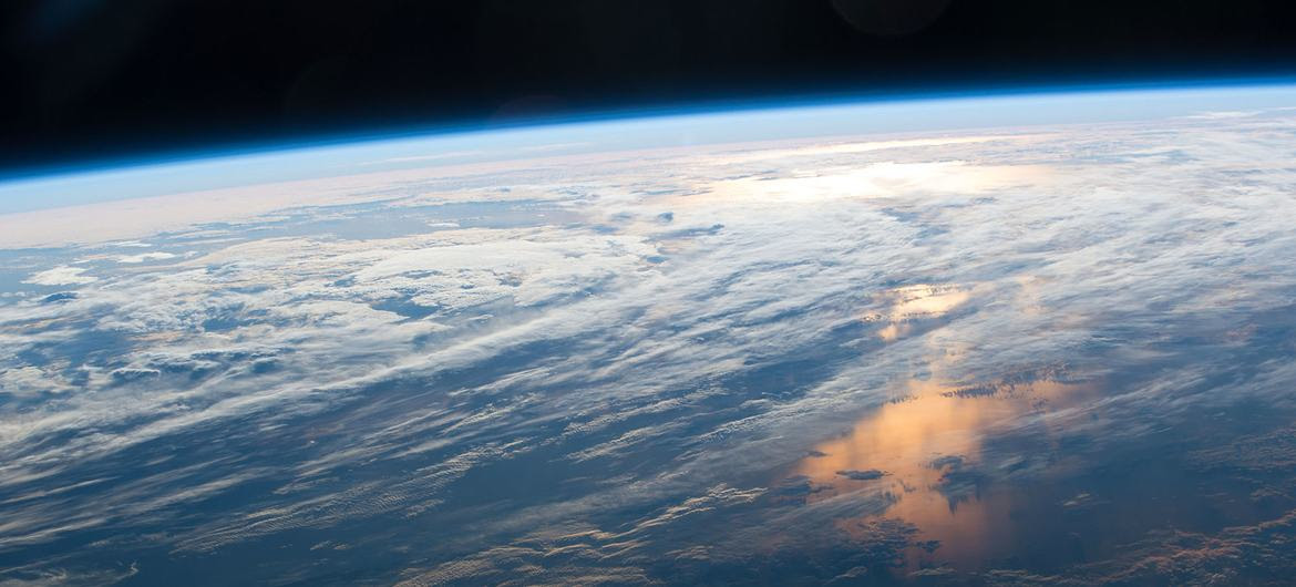 The ozone layer, a thin shield of gas, is seen from space.