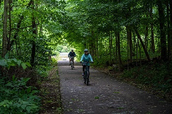 Two people in light jackets and helmets, backlit by sunlight, ride bikes on a straight, paved trail surrounded and shaded by lush, green trees