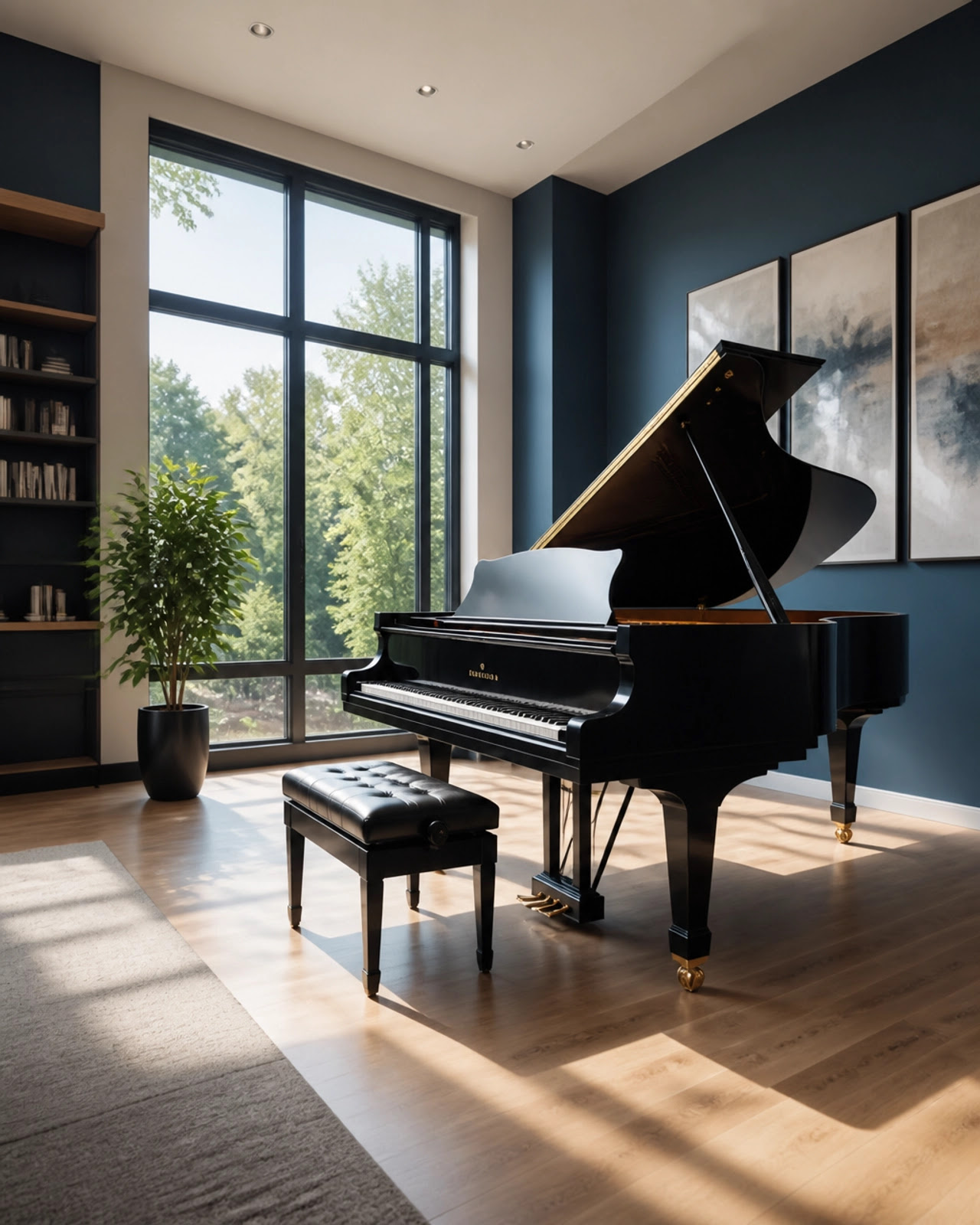 A professional grand piano in a sunlit, focused studio space. A professional grand piano in a sunlit, focused studio space.