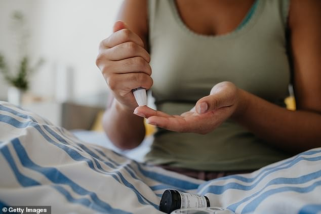 A diabetes sufferer collecting a blood sample for blood sugar testing. It's estimated that over 5.6million people in the UK are living with diabetes