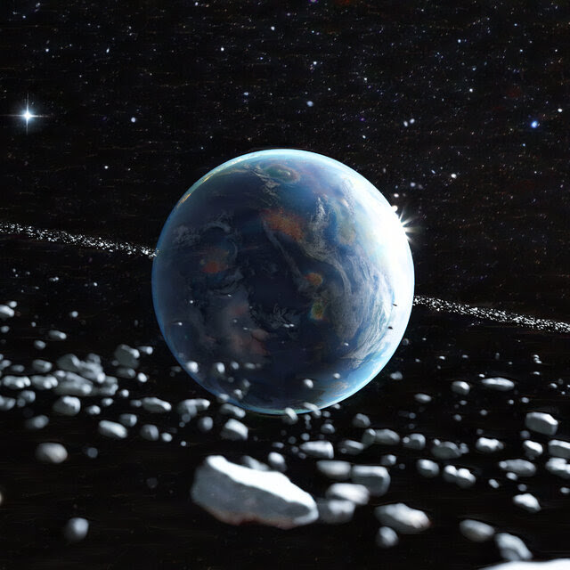 An illustration of Earth surrounded by rocky fragments forming a ring against the blackness of space.