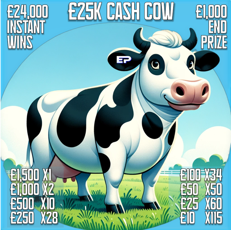 Image of CASH COW £25,000 CASH DRAW £24,000 OF INSTANTS PLUS £1,000 END PRIZE!