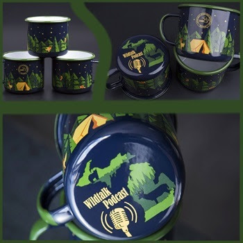 several views of the DNR Wildtalk podcast camp mugs, which are black with colorful outlines of the state, camping scenes and the microphone graphic