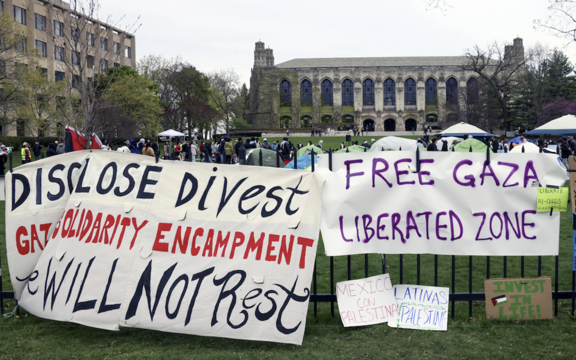 Signs at the student encampment at Northwestern University that read: 