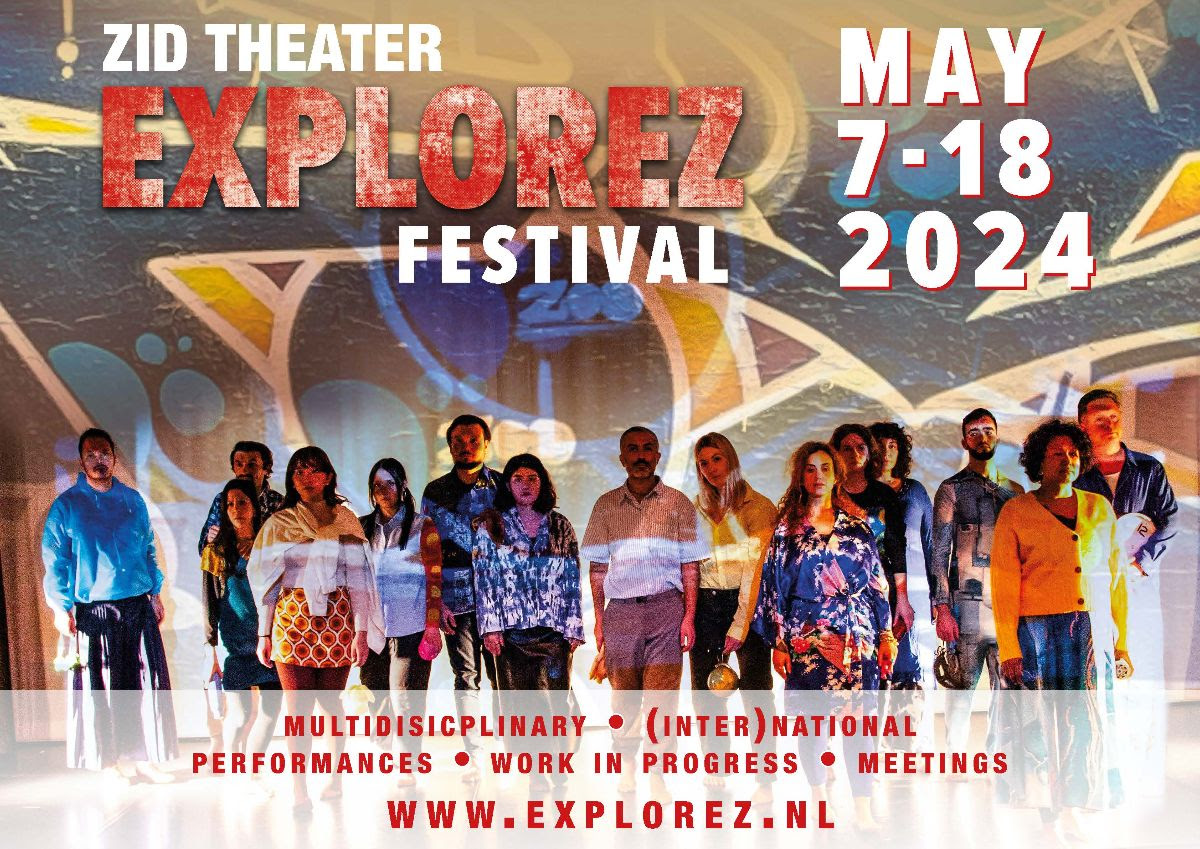 A colourful poster for ZID Theater's ExploreZ Festival, depicting 15 individuals standing in a line, looking out seriously. Behind them is a misty blend of blue and yellow shapes.