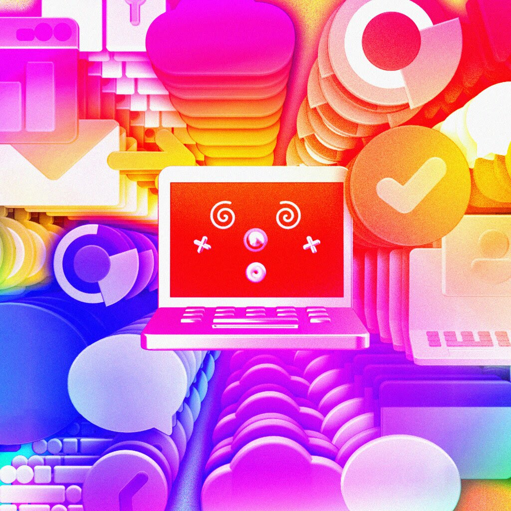 A vibrantly colored graphic composed of a cartoonish computer at the center, surrounded by arrangements of various icons and shapes.