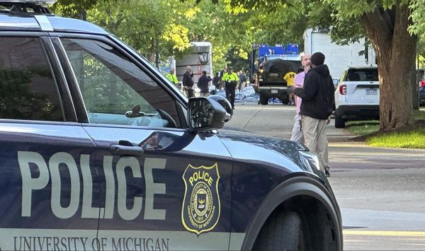 University of Michigan campus police block an area Tuesday, May 21, 2024, in Ann Arbor, Mich., where a pro-Palestinian encampment had been set up since late April. Police removed the encampment earlier Tuesday. (AP Photo/Mike Householder) **FILE**