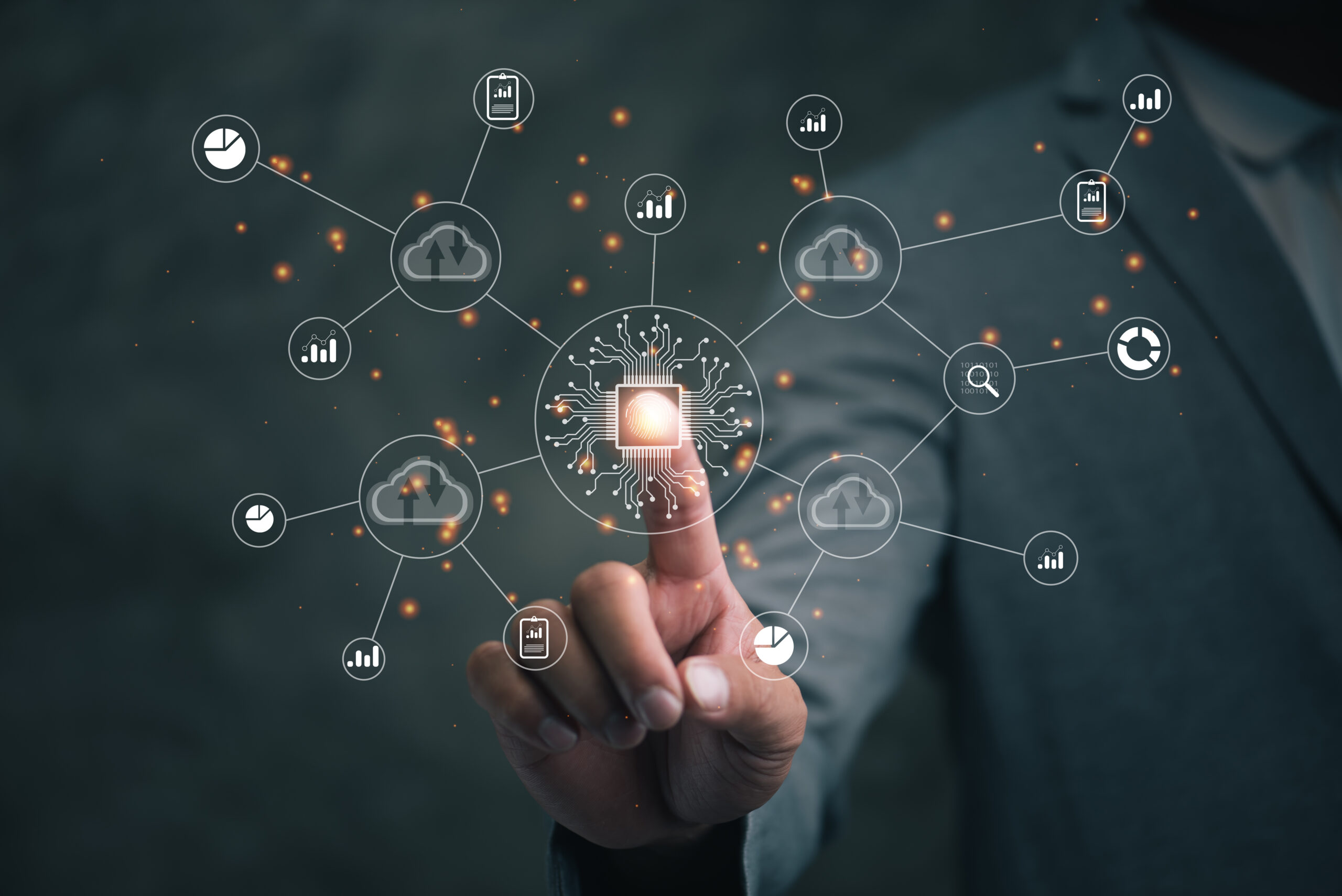 The image displays a man interacting with a futuristic interface showing a network of icons connected to a central chip, symbolizing advanced technology integration and data connectivity in business or computing environments.