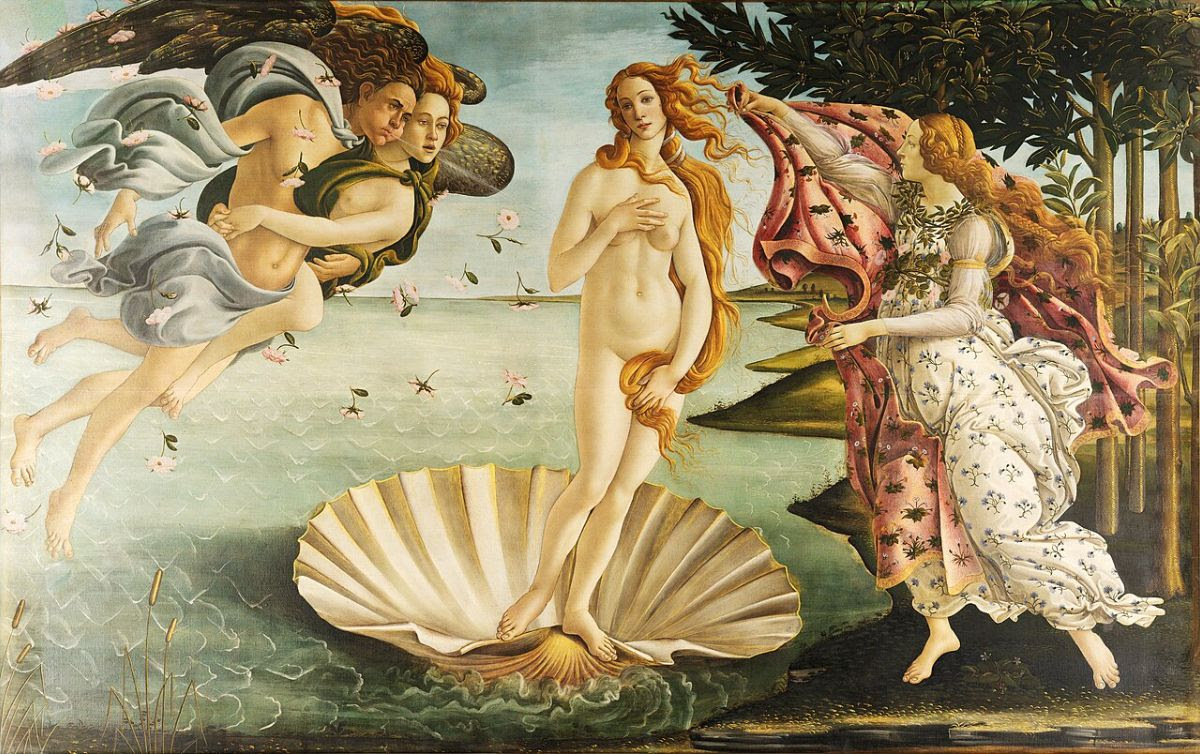 The painting The Birth of Venus by Sandro Botticelli portrays the goddess Venus arriving at the shore after her birth. She stands pale and naked on a giant sea shell, her hair long and red. Behind her is the sea; to the left of Venus as we view her are two flying Gods of wind blowing her to shore; to the right, on the shore, a woman waits for her with a cloak.
