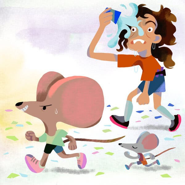 An illustration of a marathon runner hallucinating that two rats have joined the race. The runner splashes water in their face from a cup as the rats run by.