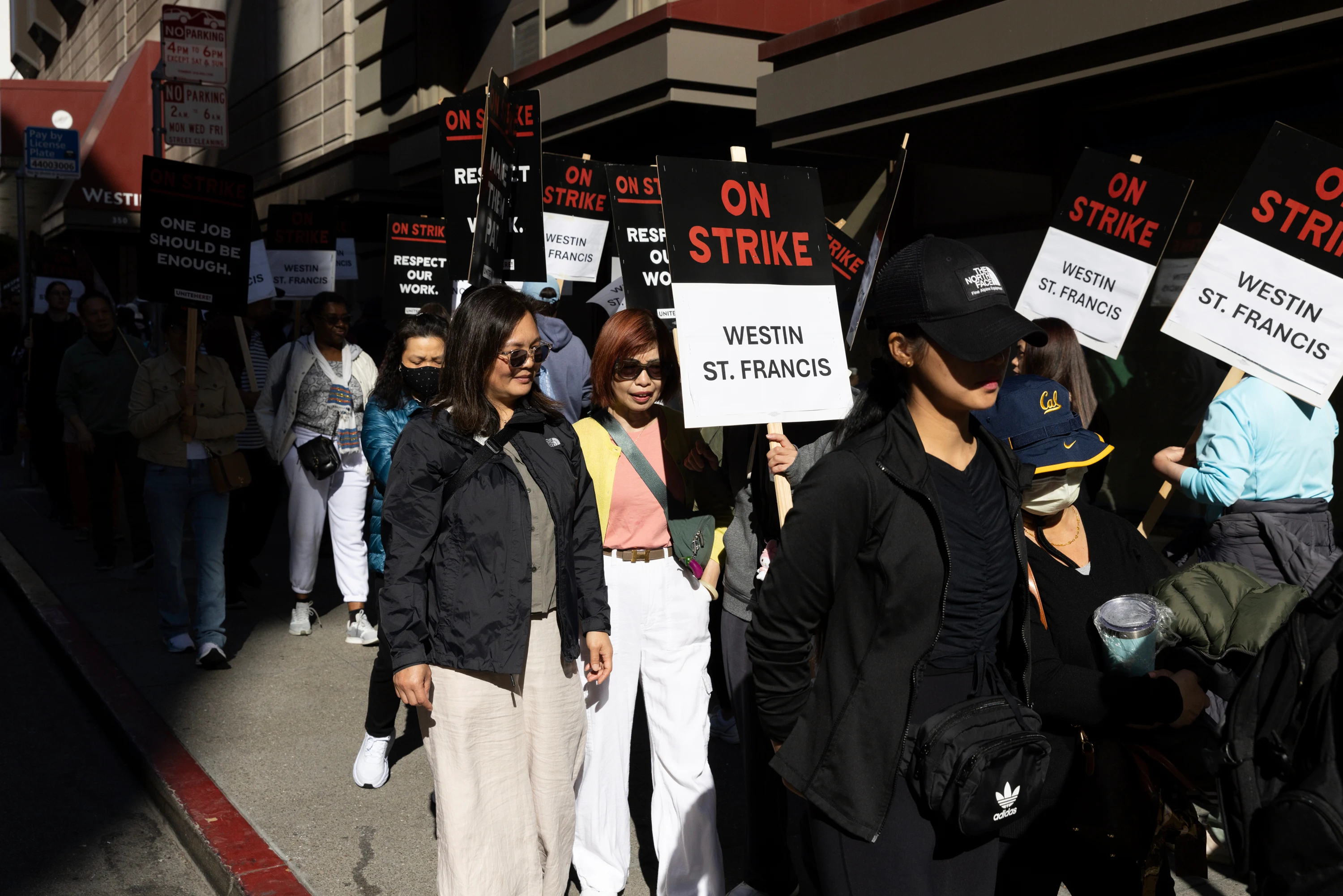 Hotel workers picket outside the Westin St. Francis on Monday in San Francisco.