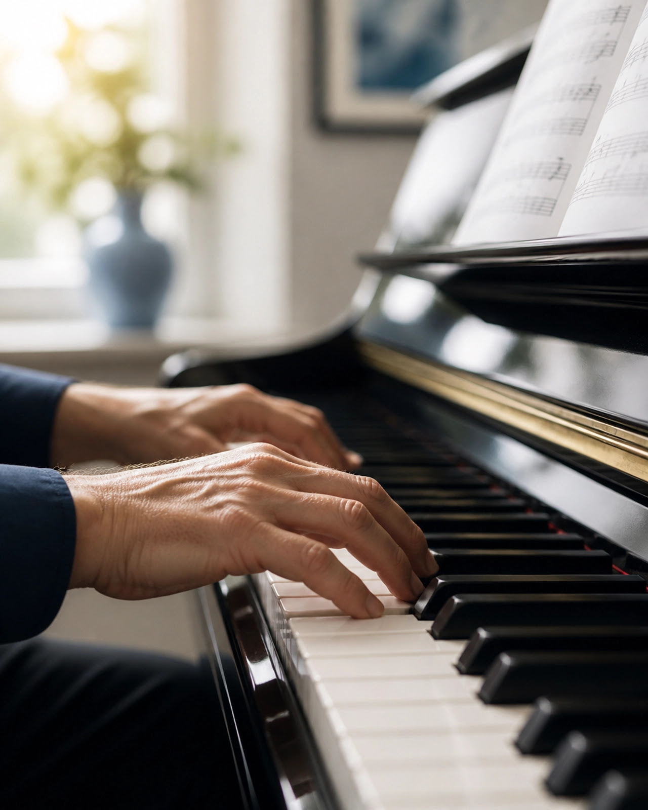 Close-up of hands playing a piano, symbolizing focus and stress relief Close-up of hands playing a piano, symbolizing focus and stress relief