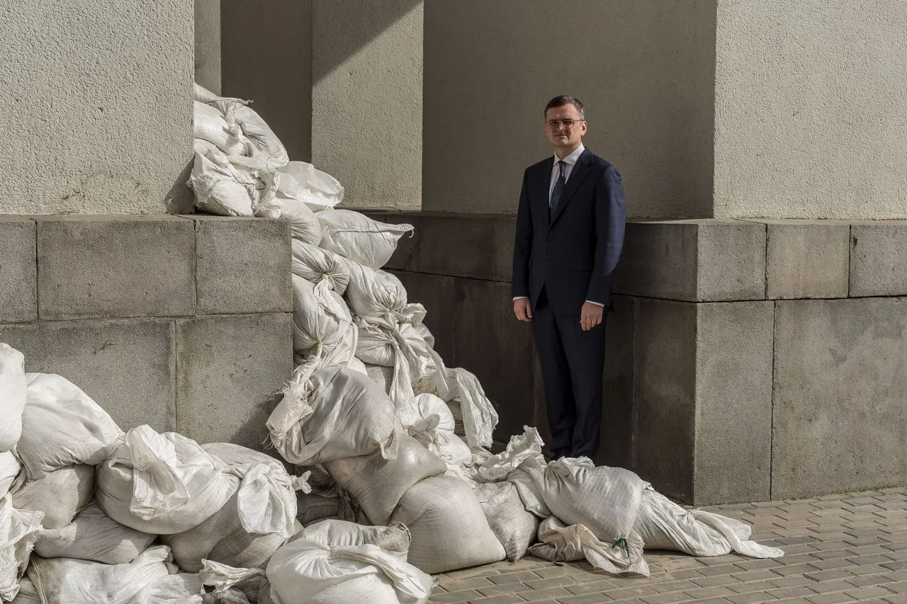 Ukrainian Foreign Minister Dmytro Kuleba outside the Foreign Ministry building in Kyiv on Monday. (Oksana Parafeniuk for The Washington Post)