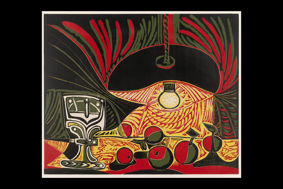 Colourful red, green, yellow and black print, showing apples and a lamp.