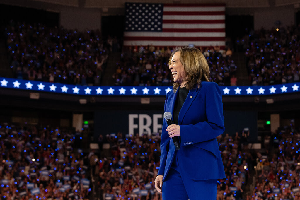 Kamala Harris holds a microphone and wears a blue suit before a crowd and an American flag is displayed. 